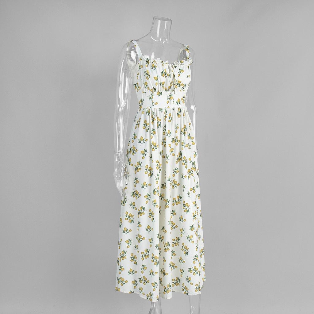 Women's Summer Lemon Floral Print Spaghetti Strap Midi Dress Tie Front Low Cut High Waist Side Slit Elegant Vacation Party Dress