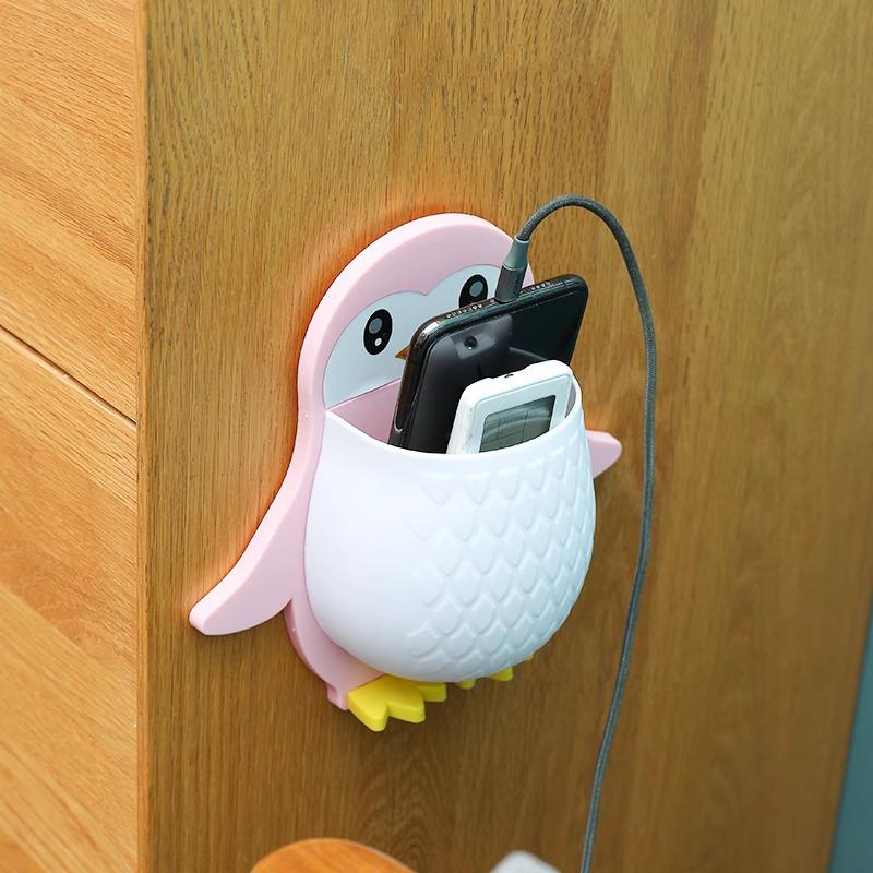 Cartoon Penguin Wall-Mount Organizer for Bathroom & Dorms: Makeup, Toothbrush, Phone Holder