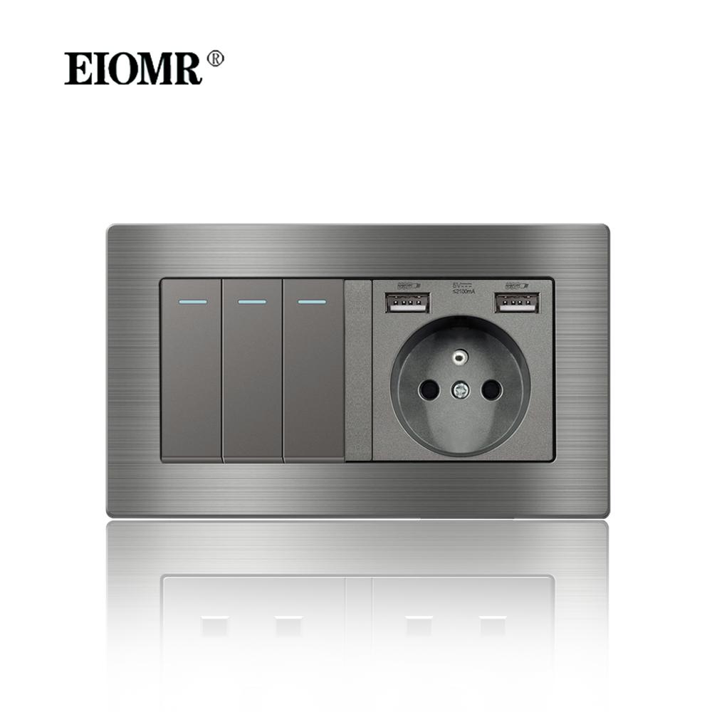 EIOMR France Standard Electrical Socket Grey Aluminum Alloy Panel Light Switch Rj45 Tv 220V 16A Wall Outlets for Home Appliance