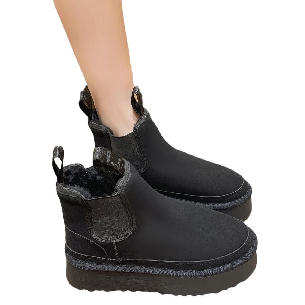 Platform Snow Boots Women's Autumn and Winter New Elastic Band Heightening Cotton Shoes Winter Velvet One Pedal Chelsea