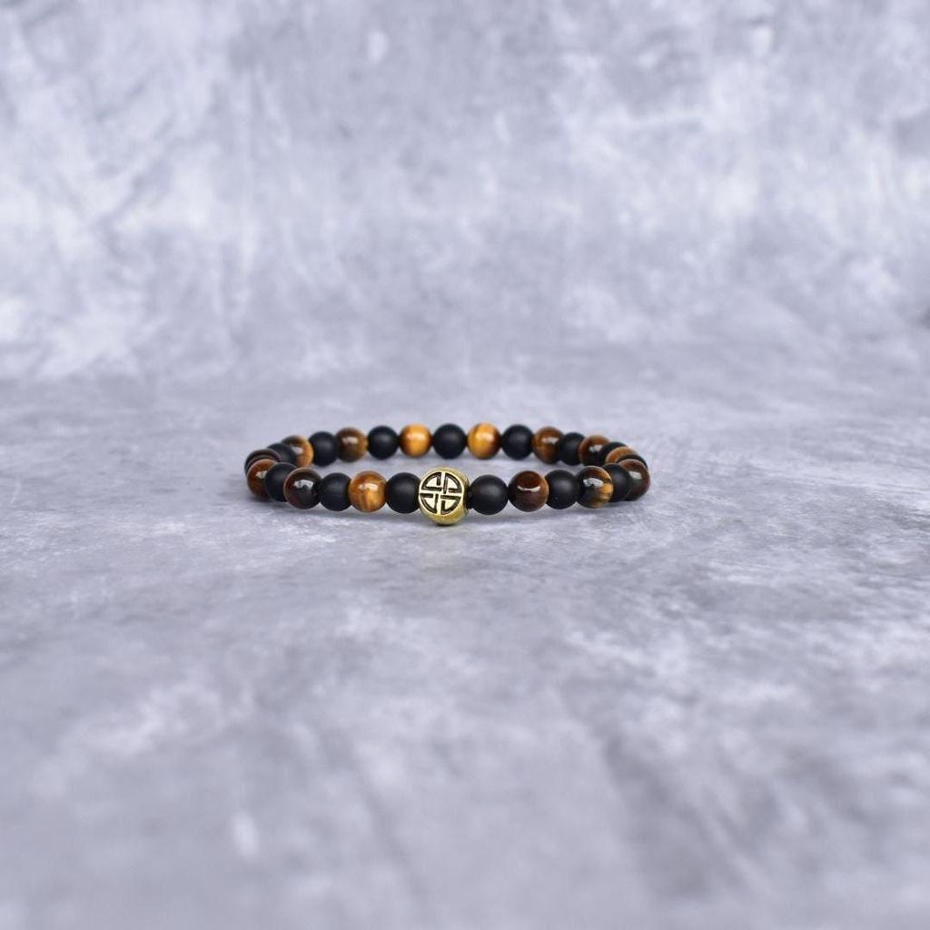 Genuine Tiger's Eye & Matte Onyx Bead Bracelet Celtic Shield Knot Bracelets for Men Tiger's Eye Beaded Jewelry Unique Fashion for Men