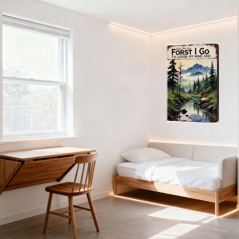 Vintage Metallskylt med Skogsbäck och Citatet 'Into the Forest I Go to Lose My Mind' Rustik Naturlandskapsväggdekor för Ho