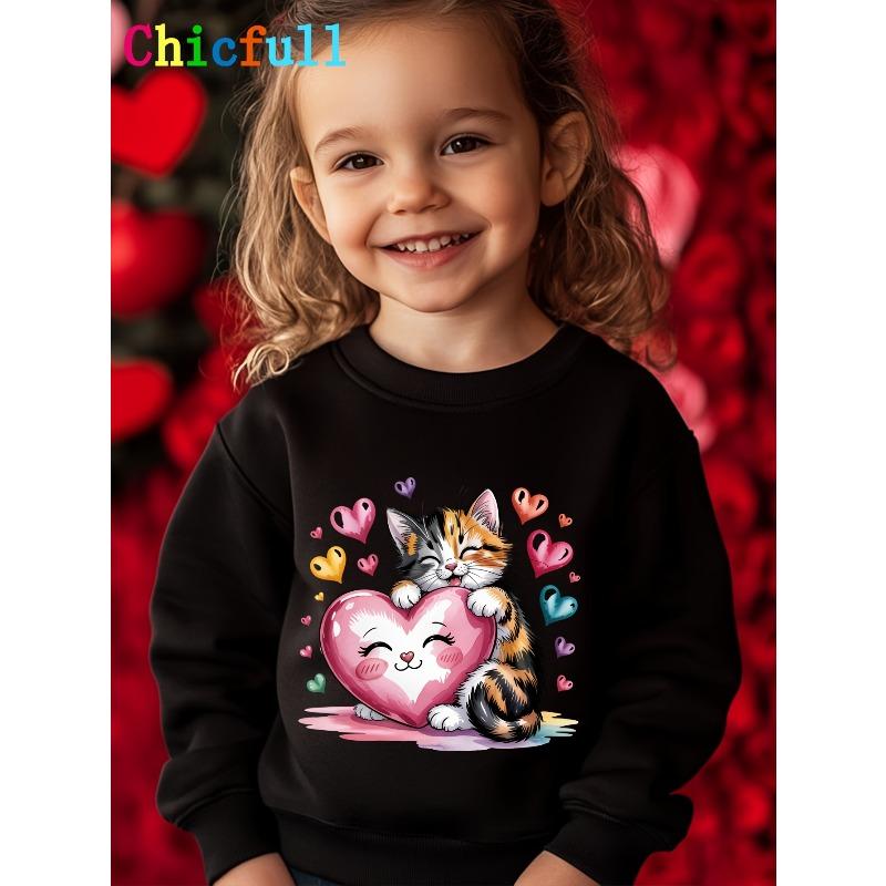 European sizes Valentine'S Day Kids Cartoon Cat Heart Print Cute Fashion Spring Autumn Long Sleeve Sweatshirt