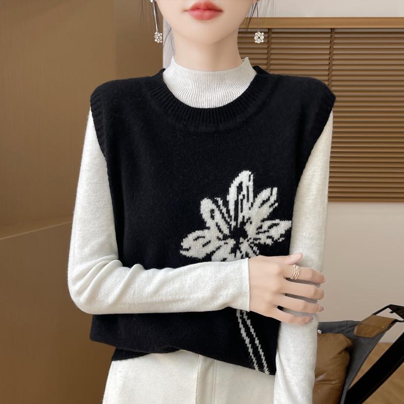 Autumn Women's Knitted Vest Pullover Vest Shoulder Round Neck Jacquard Loose Waistcoat