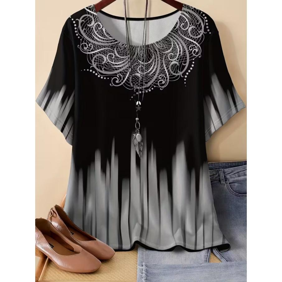 

Женская футболка больших размеров XL-7XL с градиентным повседневным 3D-принтом, свободного кроя, с V-образным вырезом и короткими рукавами 7XL серый