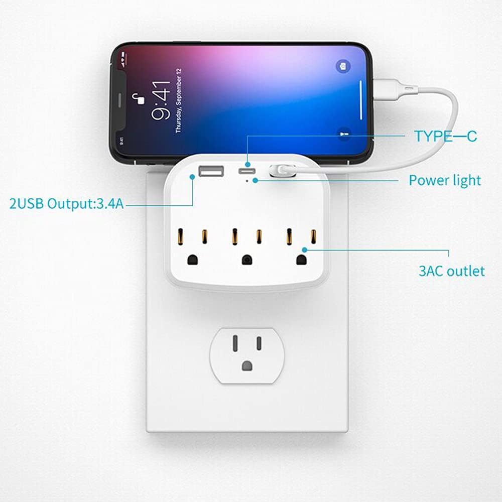 Outlet Extender, Multi Plug Outlet Splitter with USB C Ports, USB Wall Charger for Home Office Accessories, Dorm Room Essentials