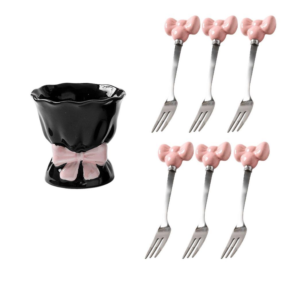 Bowknot Ceramic Fruit Forks Set Ins Style Creative Ceramic Fruit Forks Receipt Jar Solid Color Decorative Stainless Steel Fork