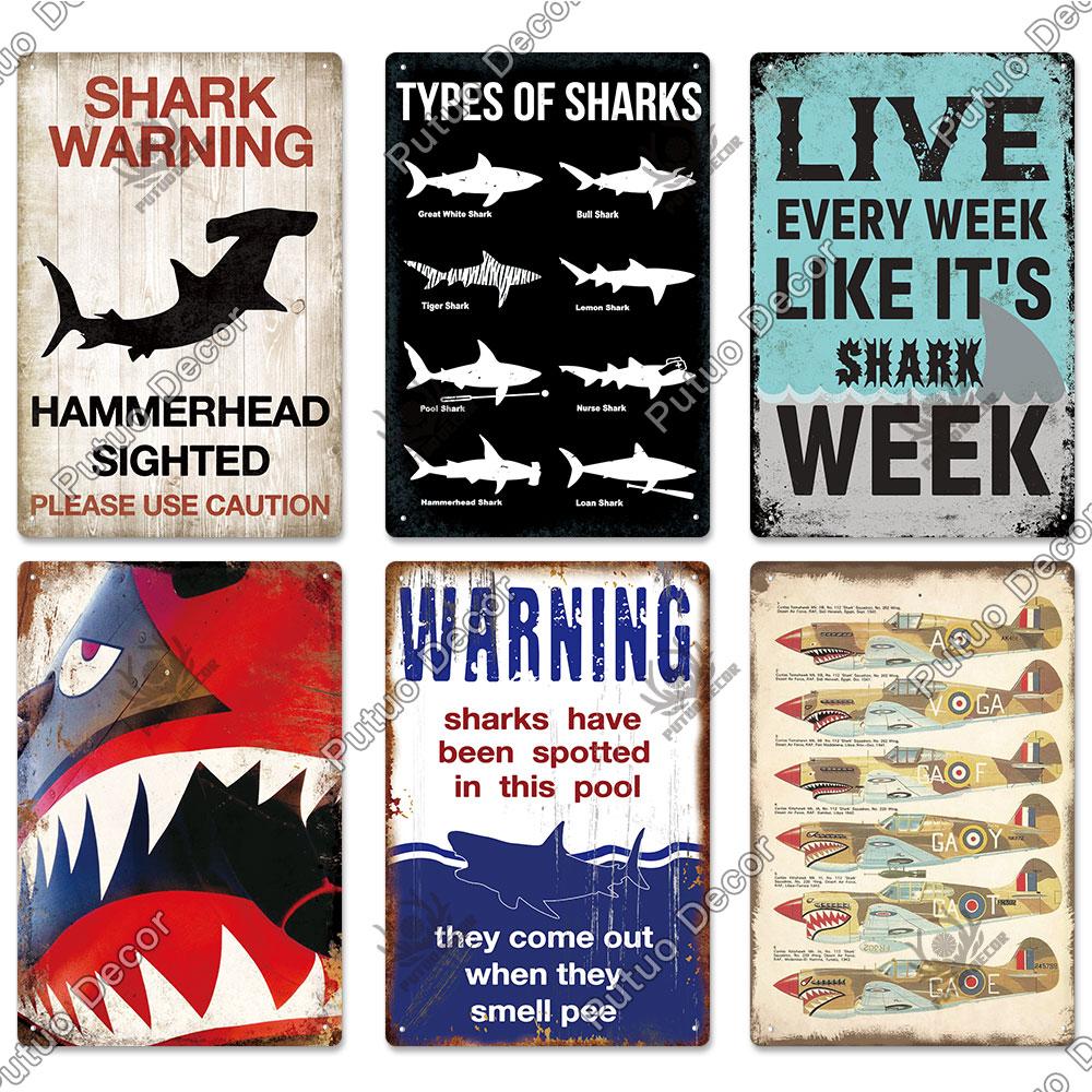 Putuo Decor Shark Sign Metal Signs Vintage Tin Sign Funny Warning Movie Poster for Bar Pub Kitchen Club Man Cave Wall Decoration
