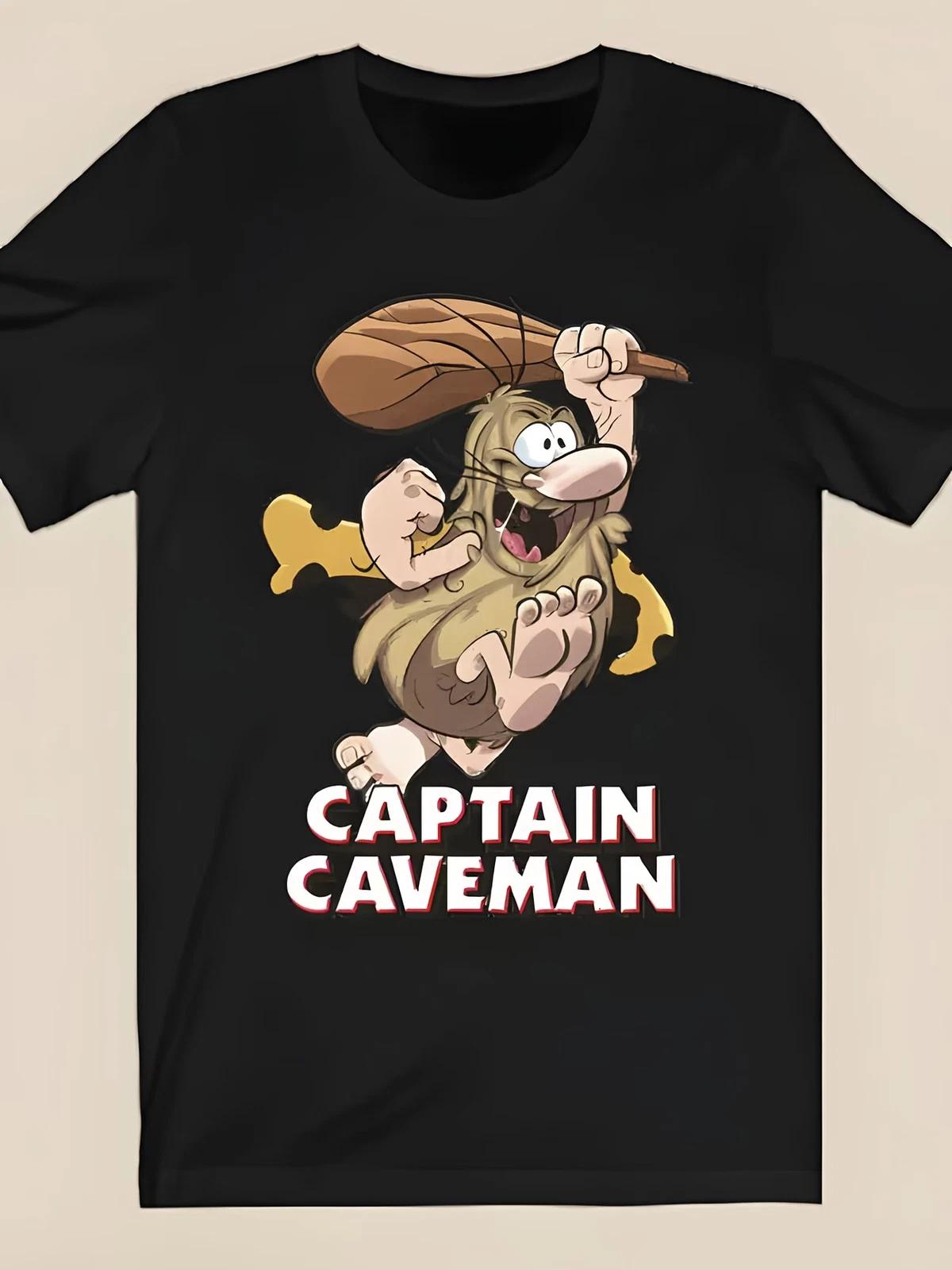 A Black Tee Showcasing a Cartoon Caveman Design - Complete with Wild Hair, a Thi L