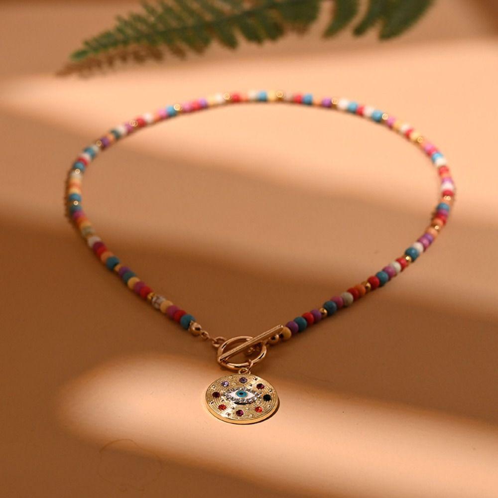 4mm Beads Evil Eye Charm Pendant Boho Style Beads Chain Necklace Colorful Stone Choker  Daily Wear