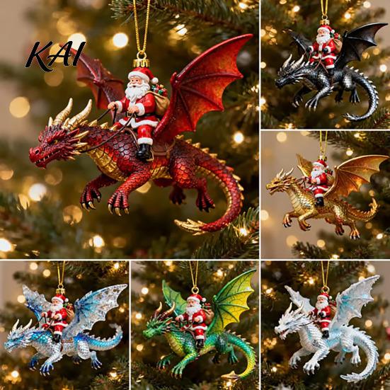 Santa Claus Riding Dragon Decor Rider Christmas Ornament, 2D Acrylic Red Tree Hanging Ornament with Flying Decorations for Home Parties Fantasy Style