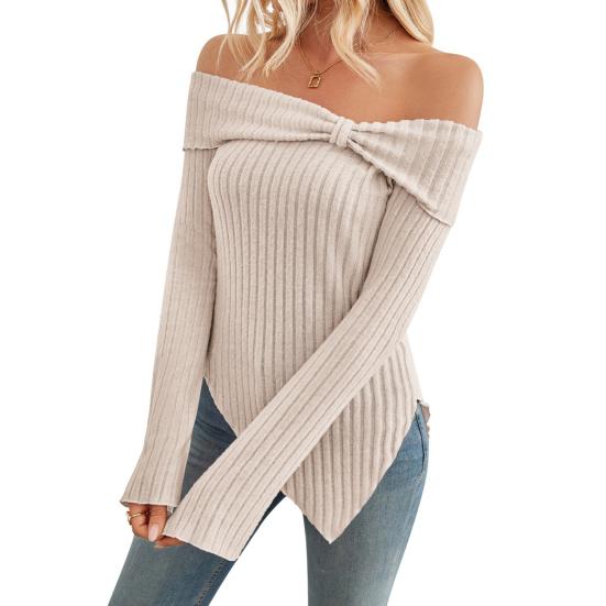 Frauen Tops Off Schulter Langarm Unregelmäßigen Seite Schlitz Saum T-shirt Einfarbig Slim Fit Knoten