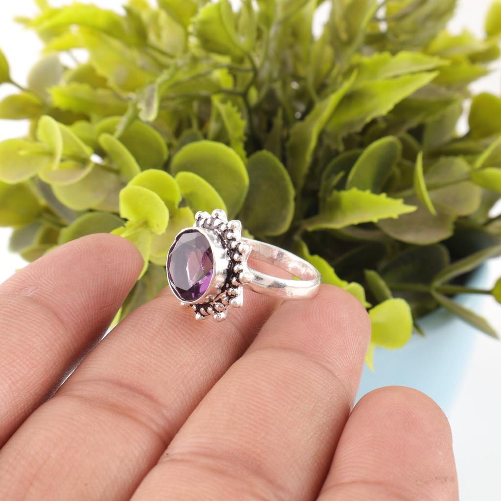 925 Sterling Silver African Amethyst Gemstone Handmade Jewelry Ring For Wedding RR-7-5