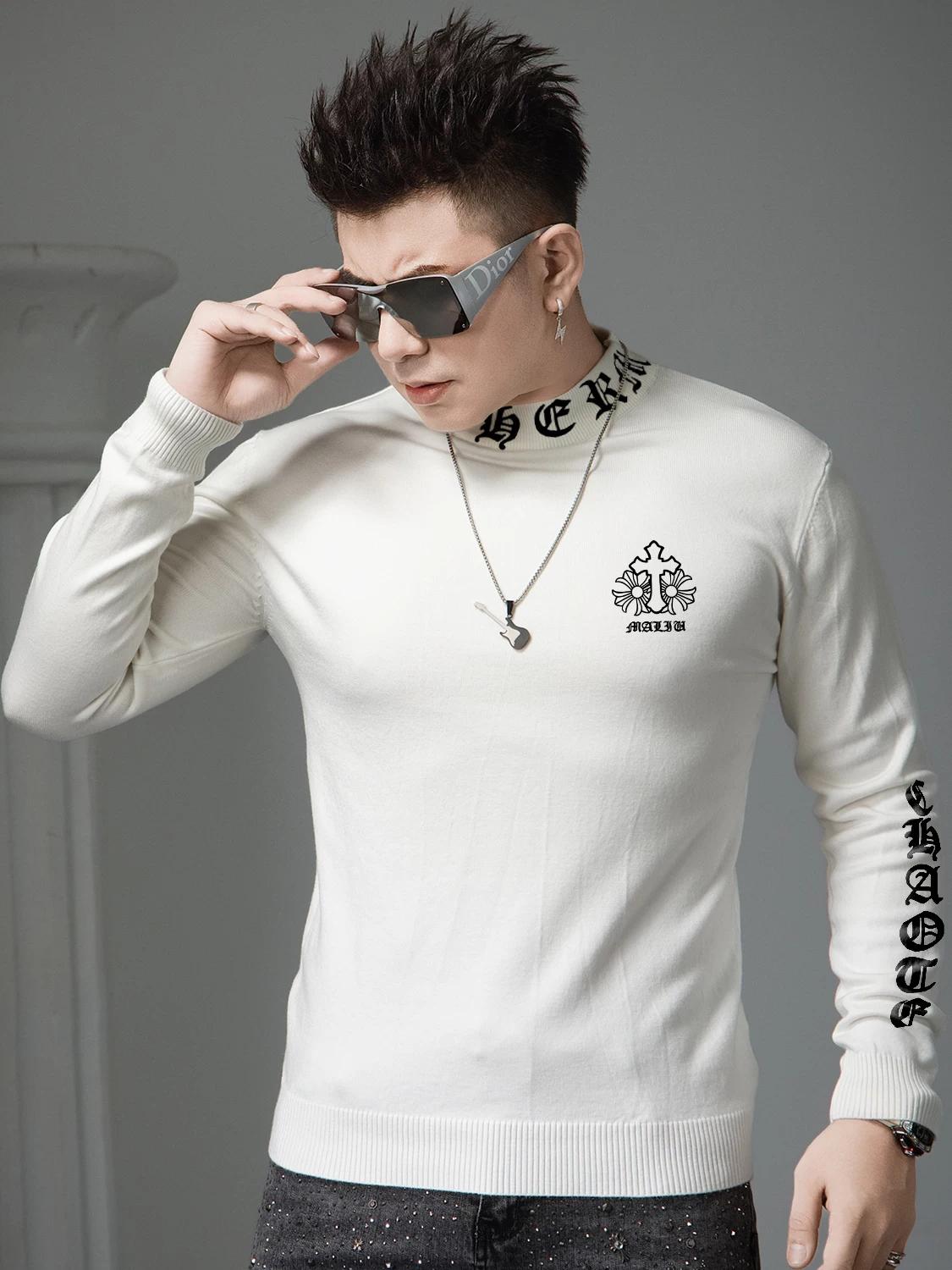 European Style Printed Sweater for Men, 2025 Autumn and Winter New Half-Turtleneck Base Layer Men s Knitwear Sweater 3XL белый