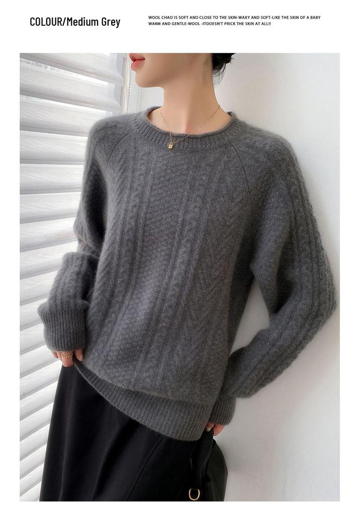 2025 A/W Women's Pure Wool Cable Knit Pullover: Round Neck, Rolled Hem, Seven-Stitch, Thickened Long Sleeve Sweater.