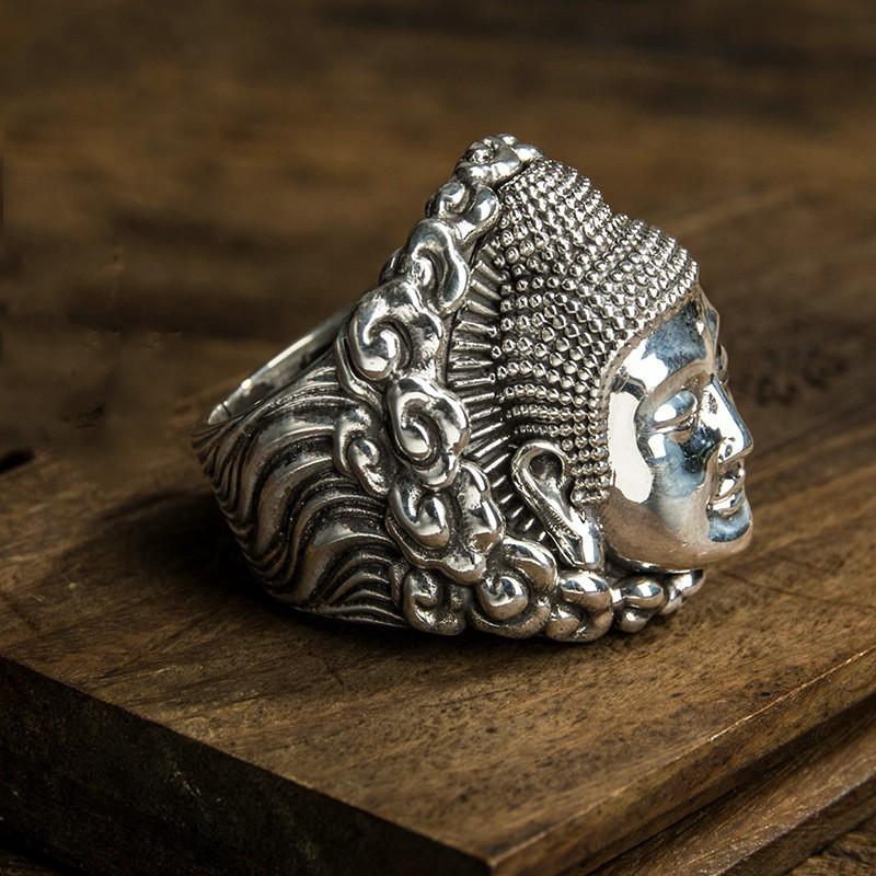 Adjustable Plated Vintage Buddhist Ring With Dainichi Nyorai Motif Unisex Boho Statement Jewelry