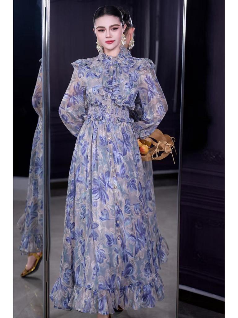 Stand Collar Long Sleeve Ruffle Waist Courtly Light Skirt - Spring 2026 Women's Collection