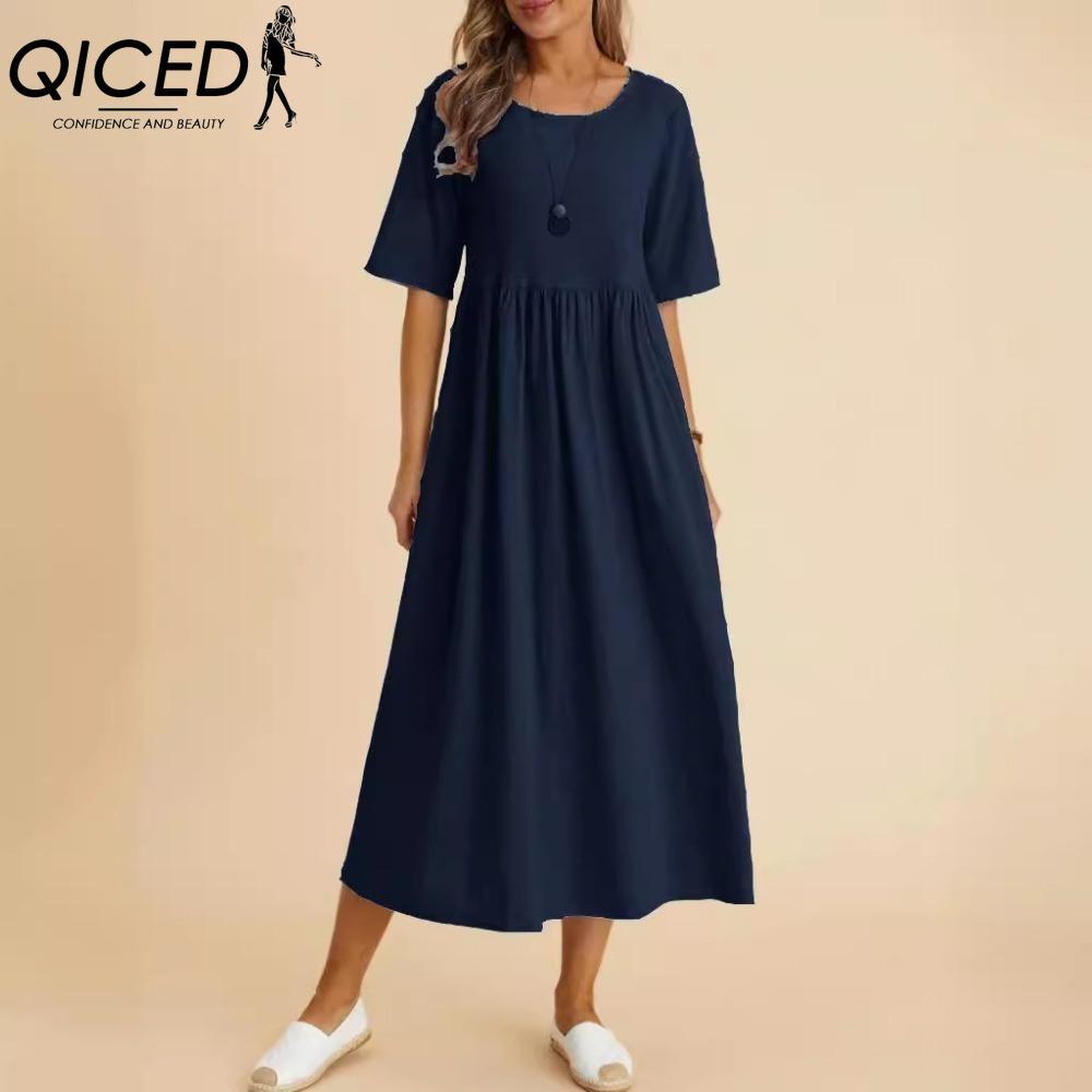 QICED Women Fashion Solid Color Dress Large Loose Cotton Linen Round Neck Midi Dress Five Piece Sleeves