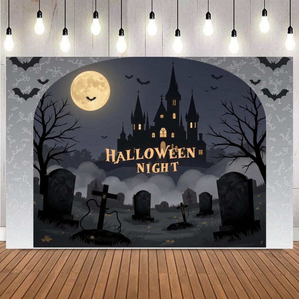 Halloween Night Outdoor Horror Cemetery Photography Background Full Moon Bat Castle Zombie Hand Skull Themed Photo Backdrop Prop7