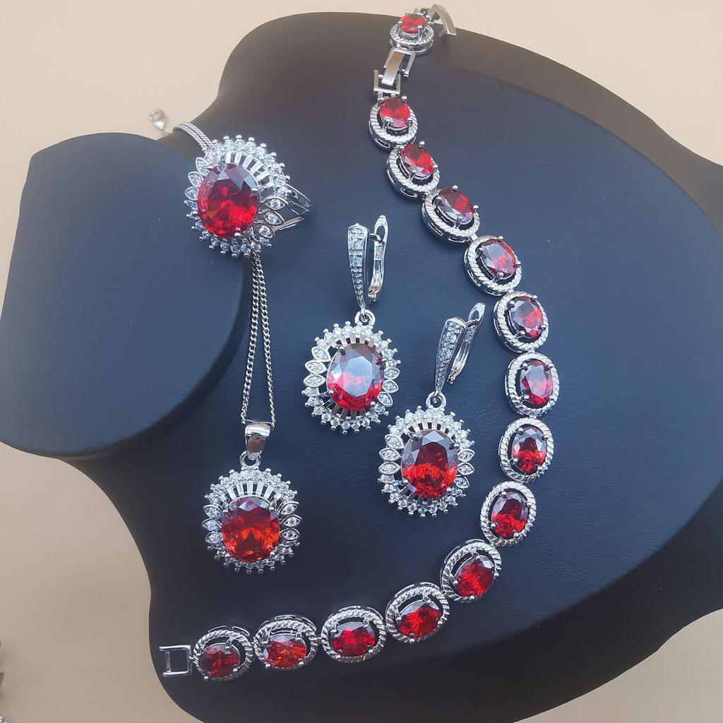 New Temperament Jewelry - Platinum Plated Amethyst Zircon Necklace Earrings Ring Set Jewelry  Piece Set