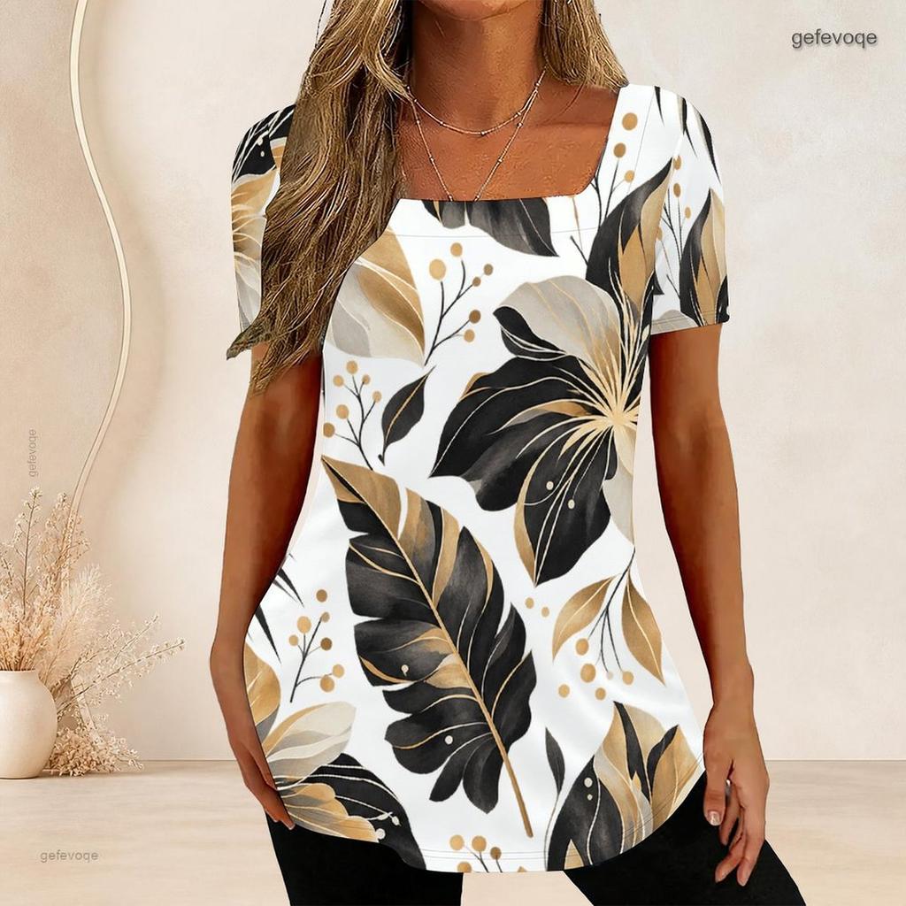 Women Plus Size U Neck Short Sleeve T Shirt White Tropical Floral Leaf Print Casual Top