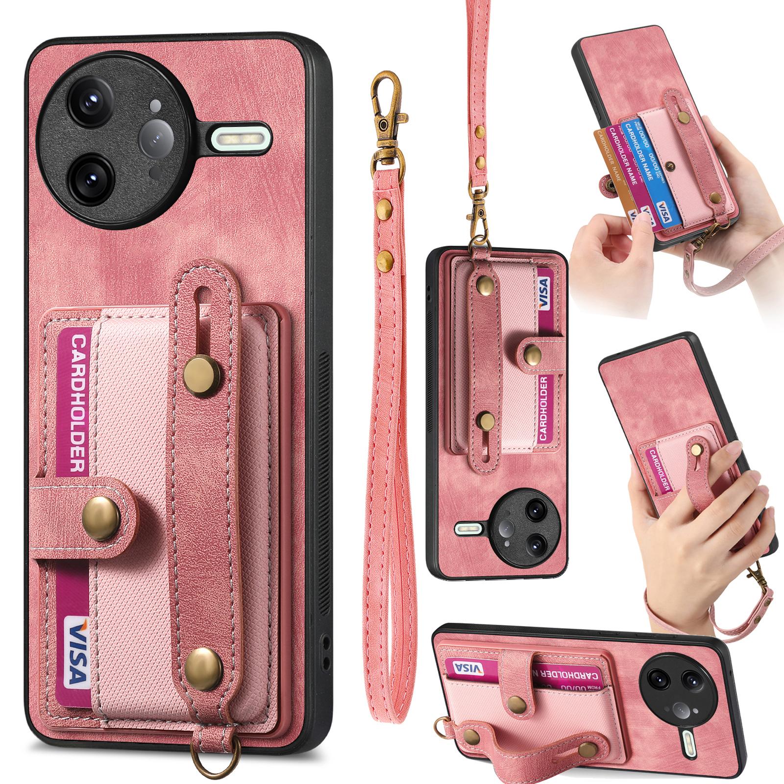 

For Xiaomi Poco F7 Ultra 5G/Xiaomi Redmi K80 Pro 5G Retro PU Leather Back Cover with Card Holder and Wristband Kickstand Pink