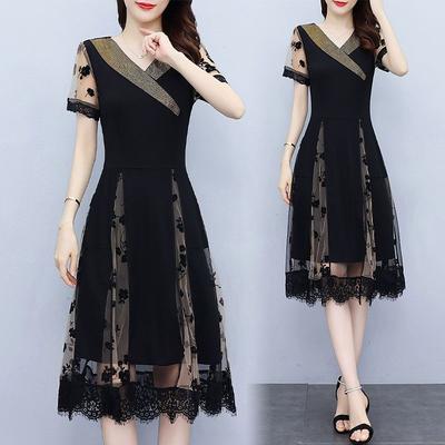 Sommer V-Ausschnitt Spitzenkleid Elegant Taillengürtel Midi A-Linien Kleid Mode Damenbekleidung