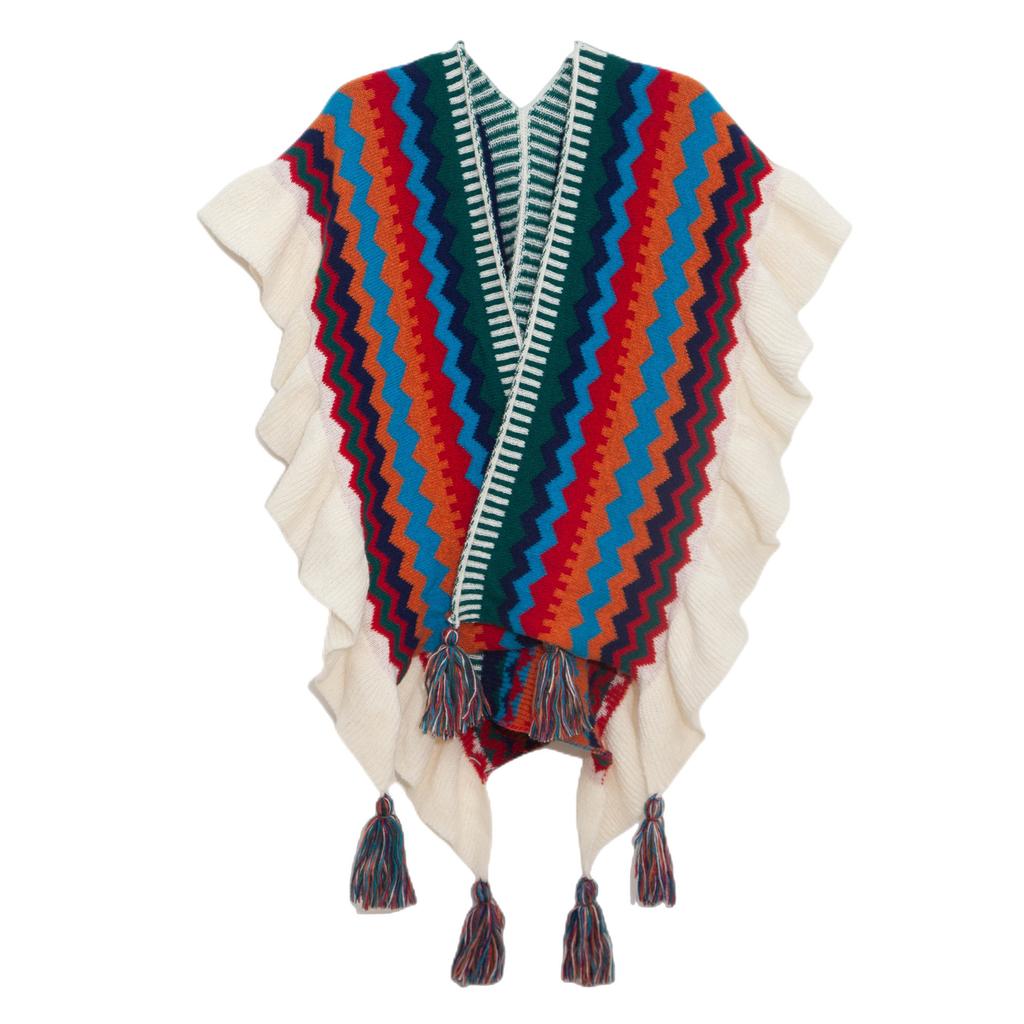 Women's Fashion Spring Autumn Winter Pashmina Ethnic Style Tassel Cape Colorful Knitted Split Shawl