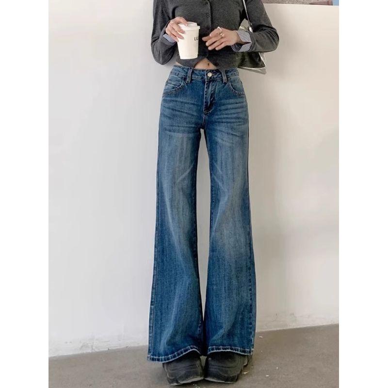 Dark Blue Denim Women's Autumn Small Low Waist Loose Pants Loose Pants Easiest for Match Bootleg Pants Pants Tide