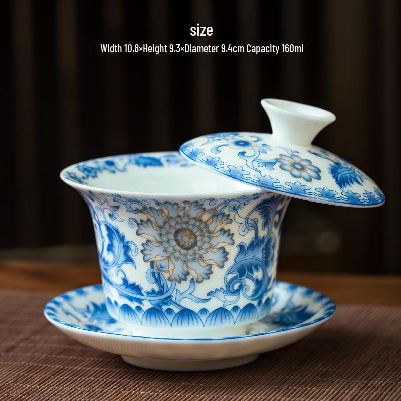 Blue & White Porcelain Covered Kung Fu Tea Bowl - Large Ceramic Sancai Household Set