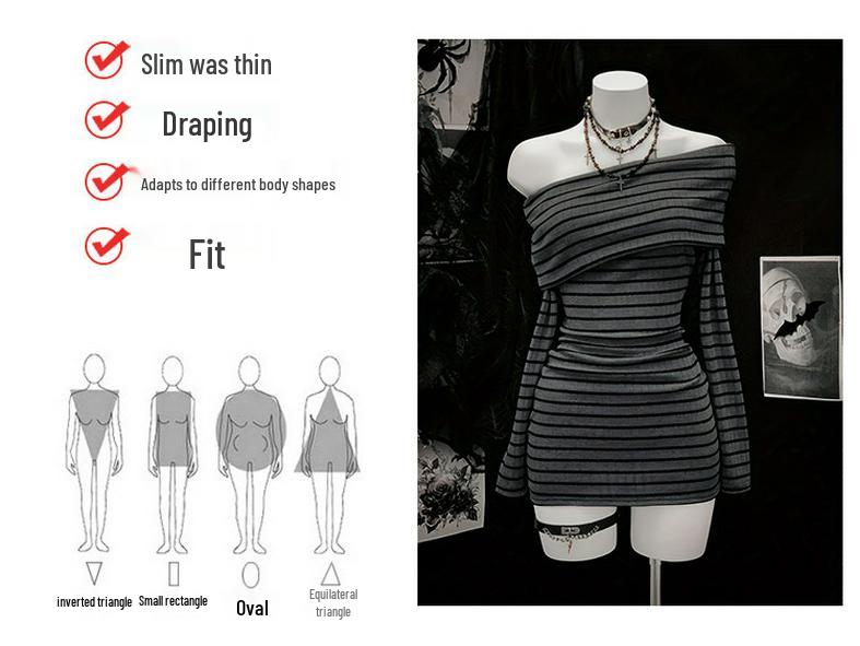 European and American Striped Slim-Fit Dress, Waist-Cinching Short Bodycon with Long Sleeves