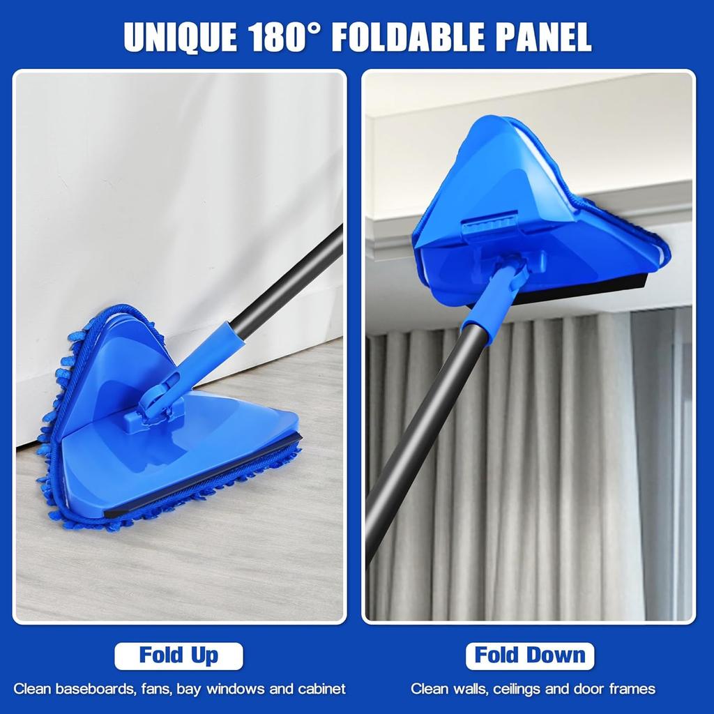 Wall Mop Cleaner Long Handle 80 Inches, 180° Folding Ceiling Washer Scrubber and Squeegee, Triangle Baseboard Cleaning Tool Duster with 6 Microfiber