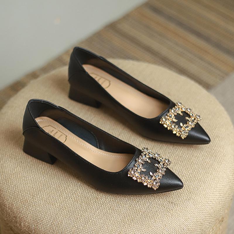 Fashion rhinestone buckle pumps single leather shoes for woman pointed toe low heel loafers work shoes woman crystal tacones de mujer