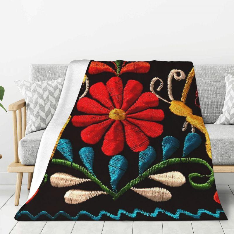 Custom Sofa Fleece Mexican Flowers Art Pattern Throw Blanket Warm Flannel Blankets for Bed Car Sofa Quilt