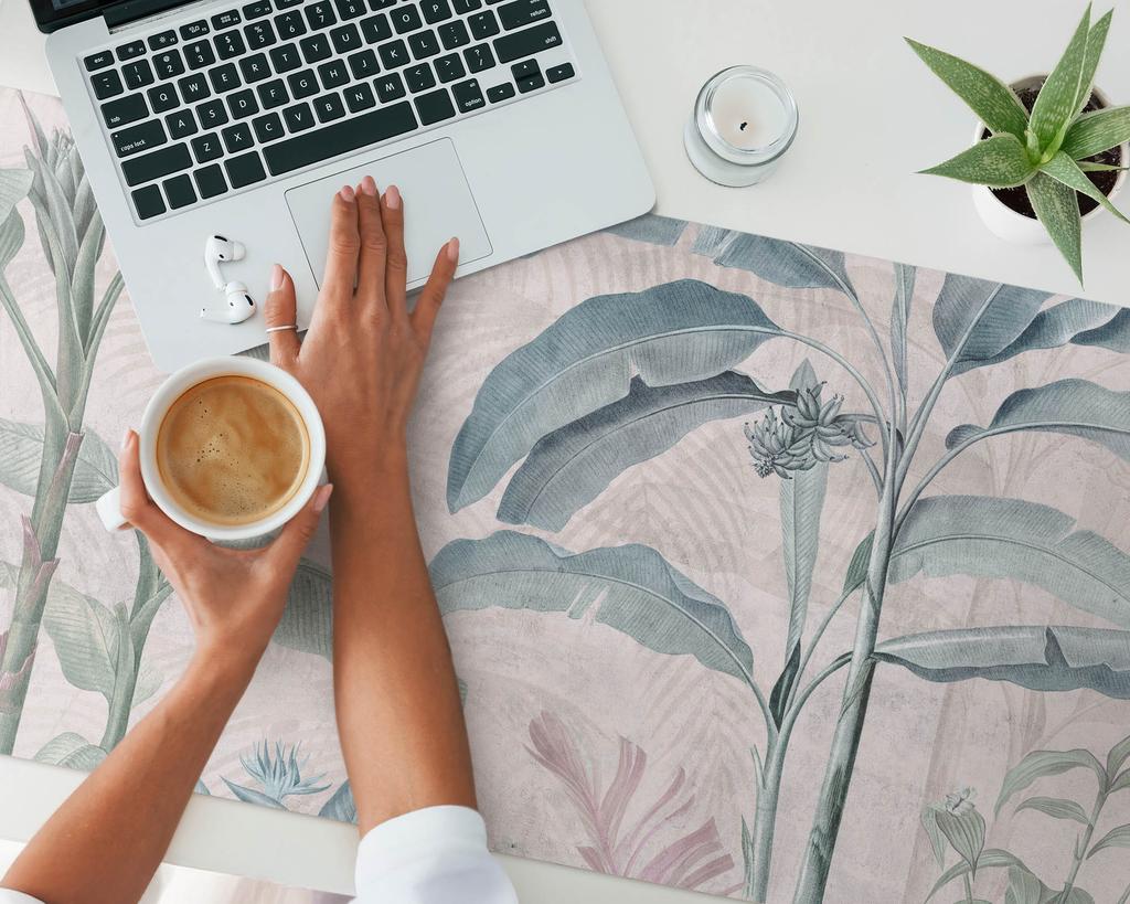 Vinyl Desk Mat with Stylish Exotic Leaves Print 120X60 Cm
