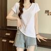 Large Size Women's 2025 Summer New Foreign Style Loose Belly Cover Short-sleeved T-shirt Fat Mm Front Shoulder Thin V-neck Half-sleeved Top