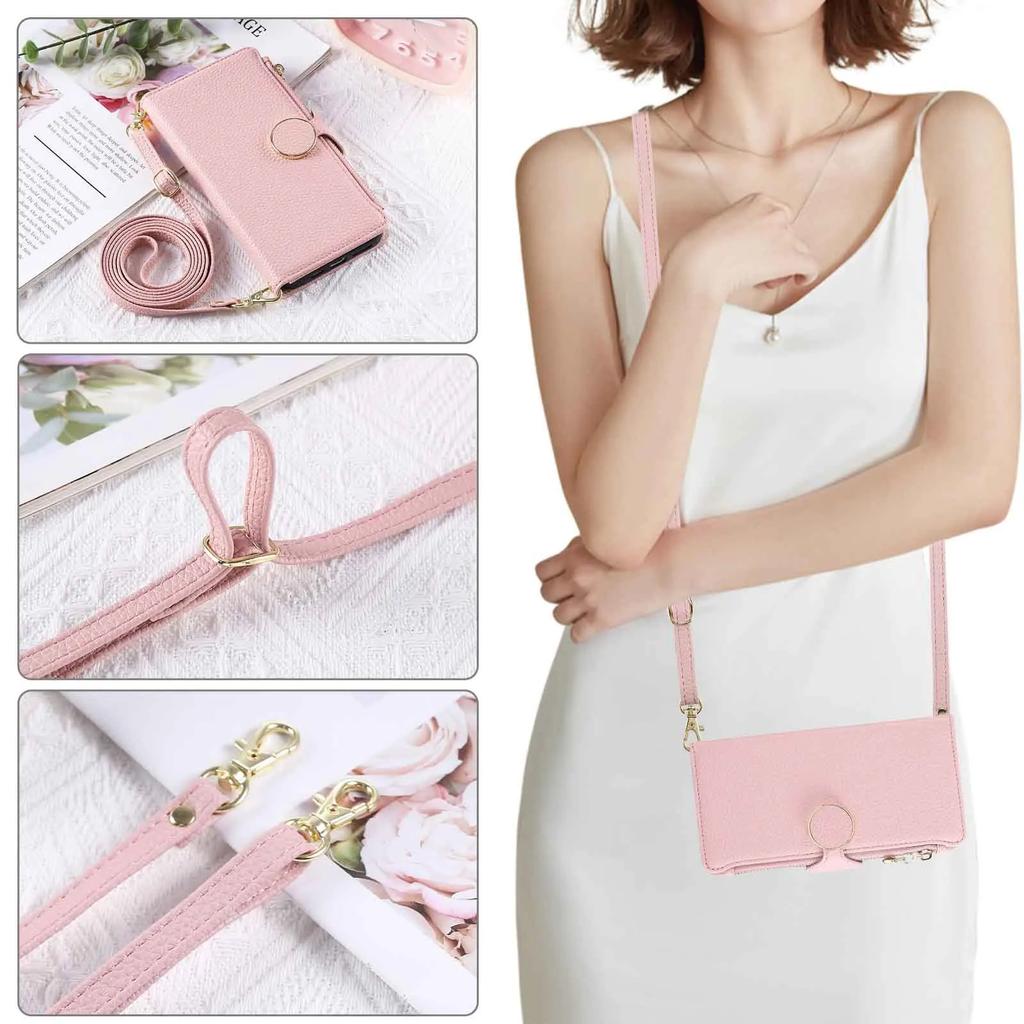 Crossbody Phone Case with Leather Wrist Strap for IPhone Air 17 16 15 14 13 12 11 Pro Max 7 8 Plus Wallet Cover with Card Slots