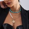 Boho Layered Turquoise Necklace Pearl Beaded Paperclip Metal Chain Necklace Circle Choker Necklace Jewelry for Women Girls