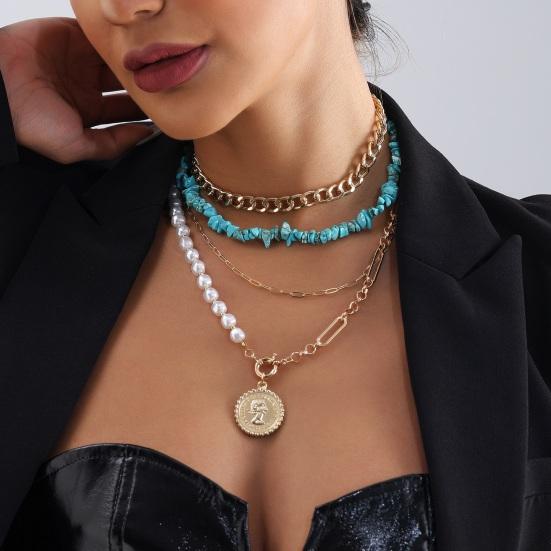 Boho Layered Turquoise Necklace Pearl Beaded Paperclip Metal Chain Necklace Circle Choker Necklace Jewelry for Women Girls