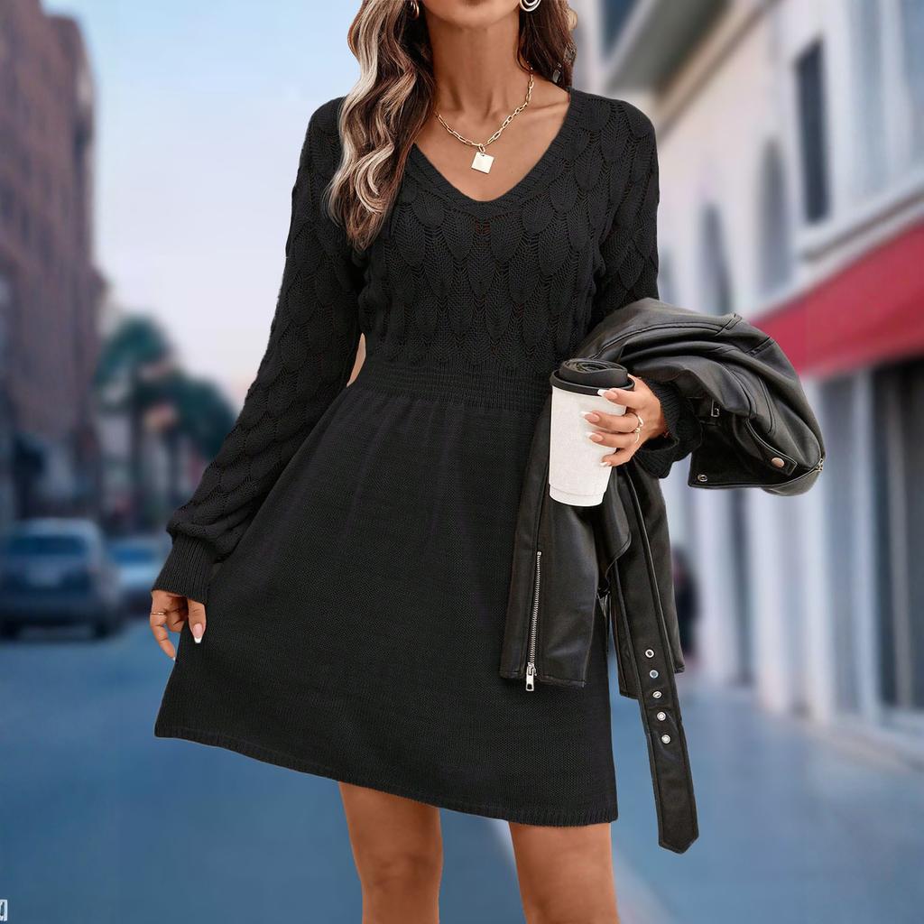 Women's Casual V-neck Hollow-out Scale Texture Solid-color Long-sleeve Sweater Dress