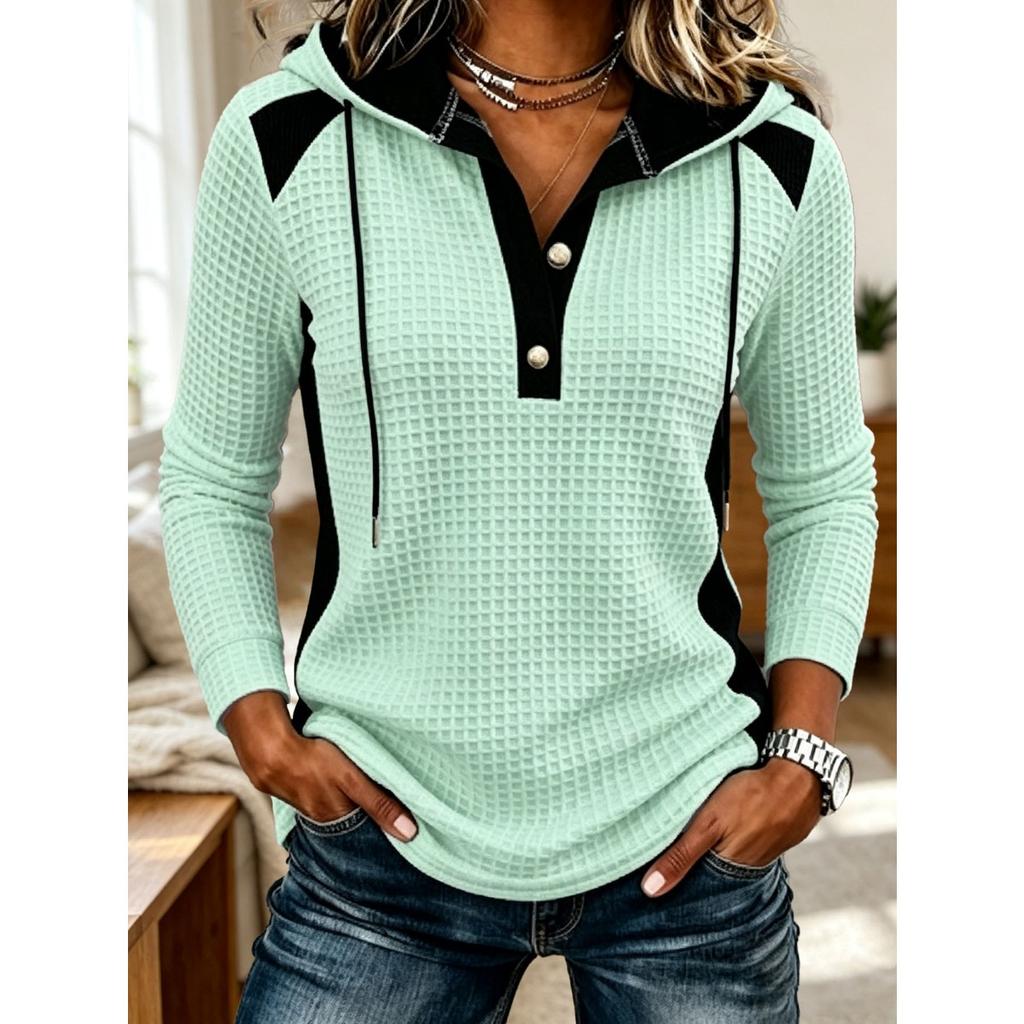Women's Fashion Casual Waffle Knit Patchwork Hoodie, Anu Self-developed European American Style Sweatshirt for Women