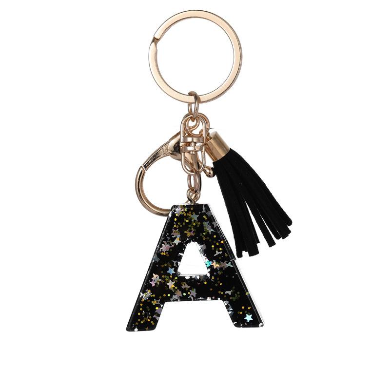 Black Glitter Star Sequins Resin 26 Letters Keychain Initials A-Z Keyring Tassel Charm Accessories Backpack Hanging Decoration