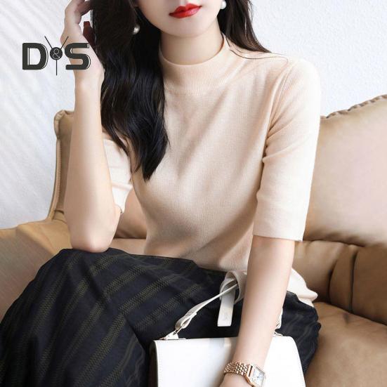 Women Sweater Half High Collar Half Sleeve Knitting Tops Solid Color Slim Fit Sweater Tops Commuting Street Wear