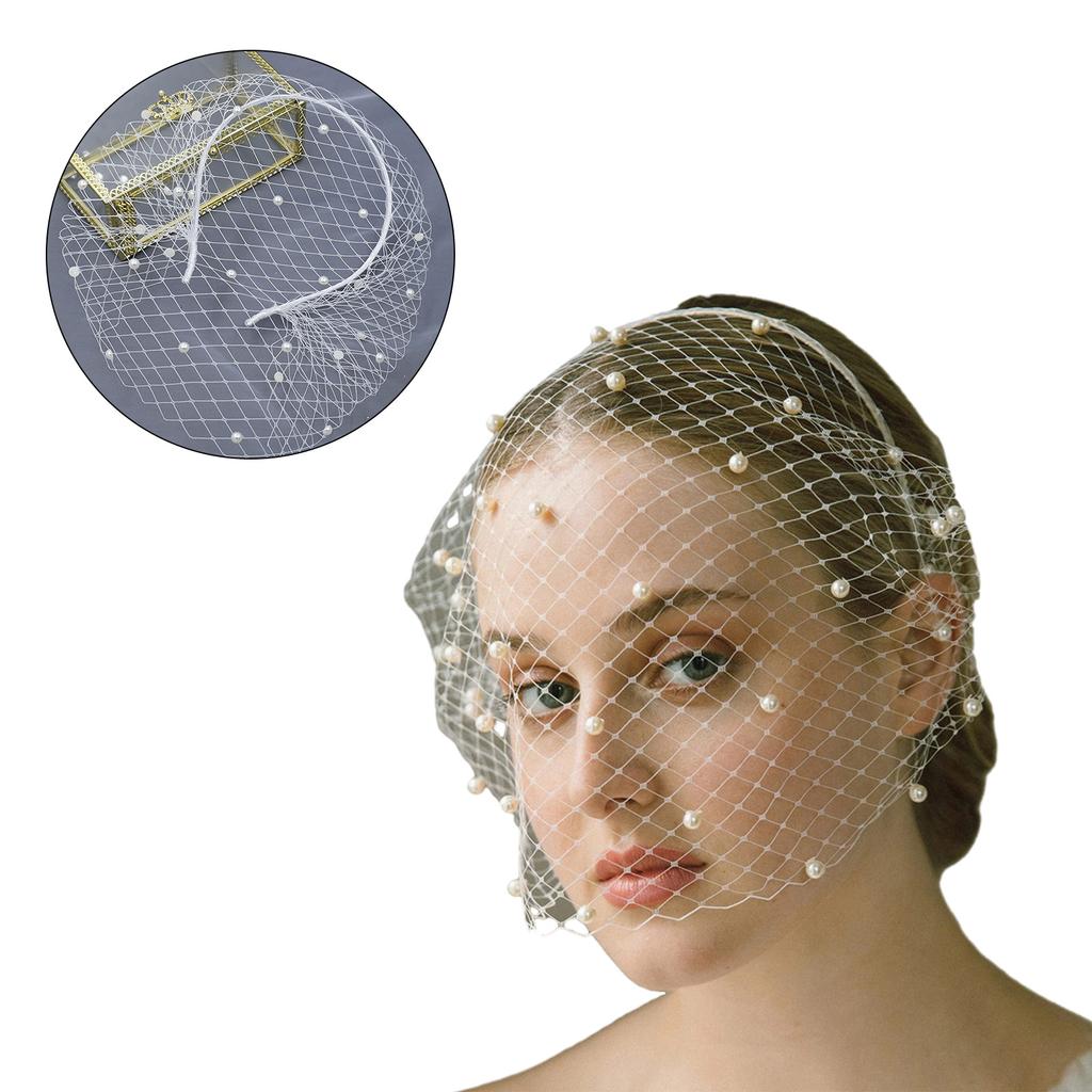 Beadwork Wedding Forehead Veil Headband Short Bridal Veil Wedding Event Headpiece for Bride Puff Veil for Engagement