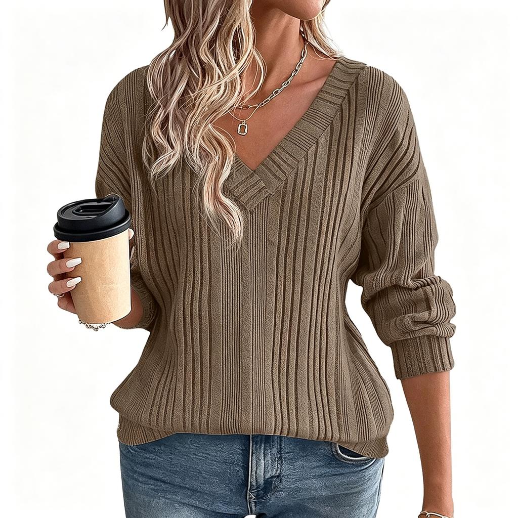 Women's Casual V Neck Long Sleeve Knit Pullover Top