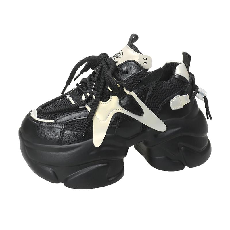 

10 см Осенне-весенние массивные кроссовки женские на шнуровке, нескользящая платформа, спортивная обувь, обувь на толстой подошве, женские каблуки, повседневные кроссовки 34 чёрный