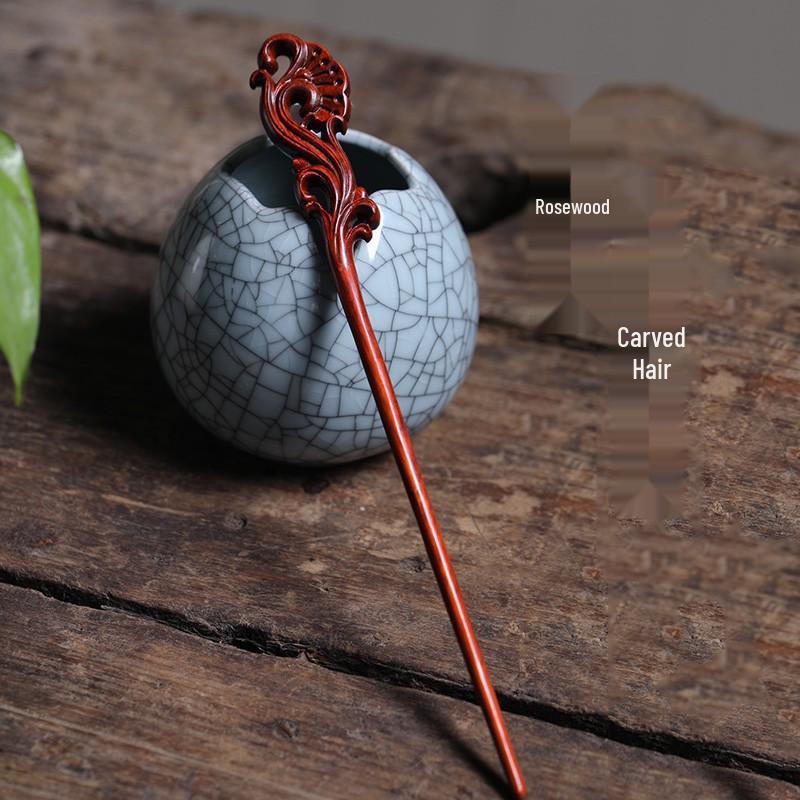 Red Sandalwood Women's Retro Hanfu Hairpins: Hollow Carved Moon Rabbit Wooden Ornaments