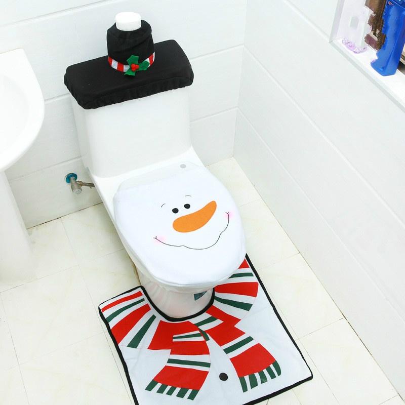 3pcs/set Christmas Fancy Santa Claus Snowman Toilet Seat Cover and Rug Set Xmas Home Bathroom Decor Set