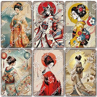Retro Japanischer Stil Poster Metall Blechschilder Kimono Schönheiten Japanischer Samurai Vintage Metallplatte Wanddeko Club Bar Man Cave