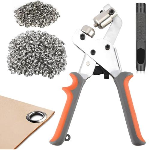 IWISS Grommet Kit, Eyelet Crimping Tool, Punch, Double-Sided Eyelet Punch, 3/8-Inch (10mm) Eyelets, Washers, 500-Piece Set, Belt Punch, Blue Sheeting,